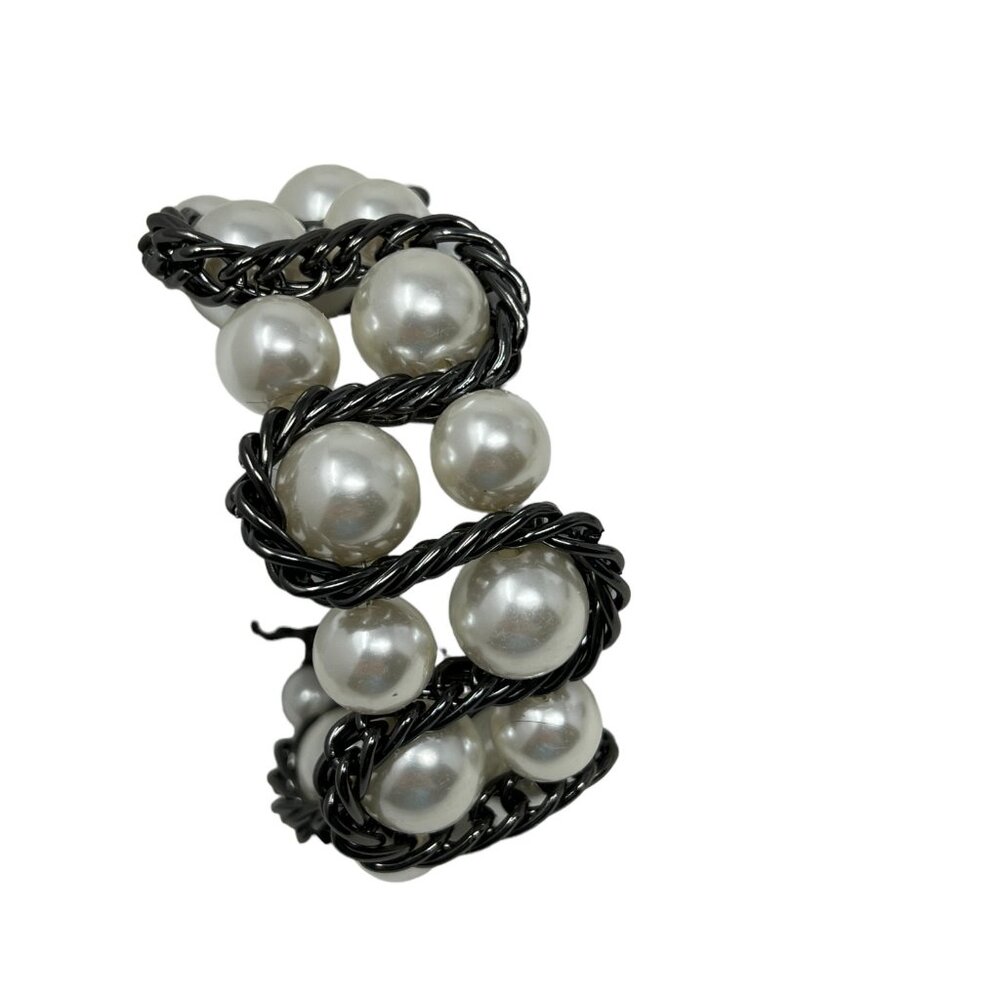 Faux Pearl Bracelet Gun Metal Rope Wide Adjustable 8‎ inches